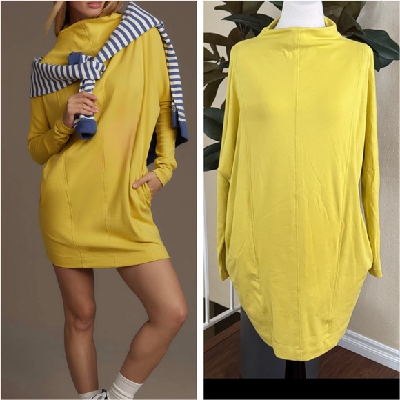 Daily Practice by Anthropologie Long-Sleeve Mock-Neck Knit Mini Yellow Dress L - Picture 1 of 15
